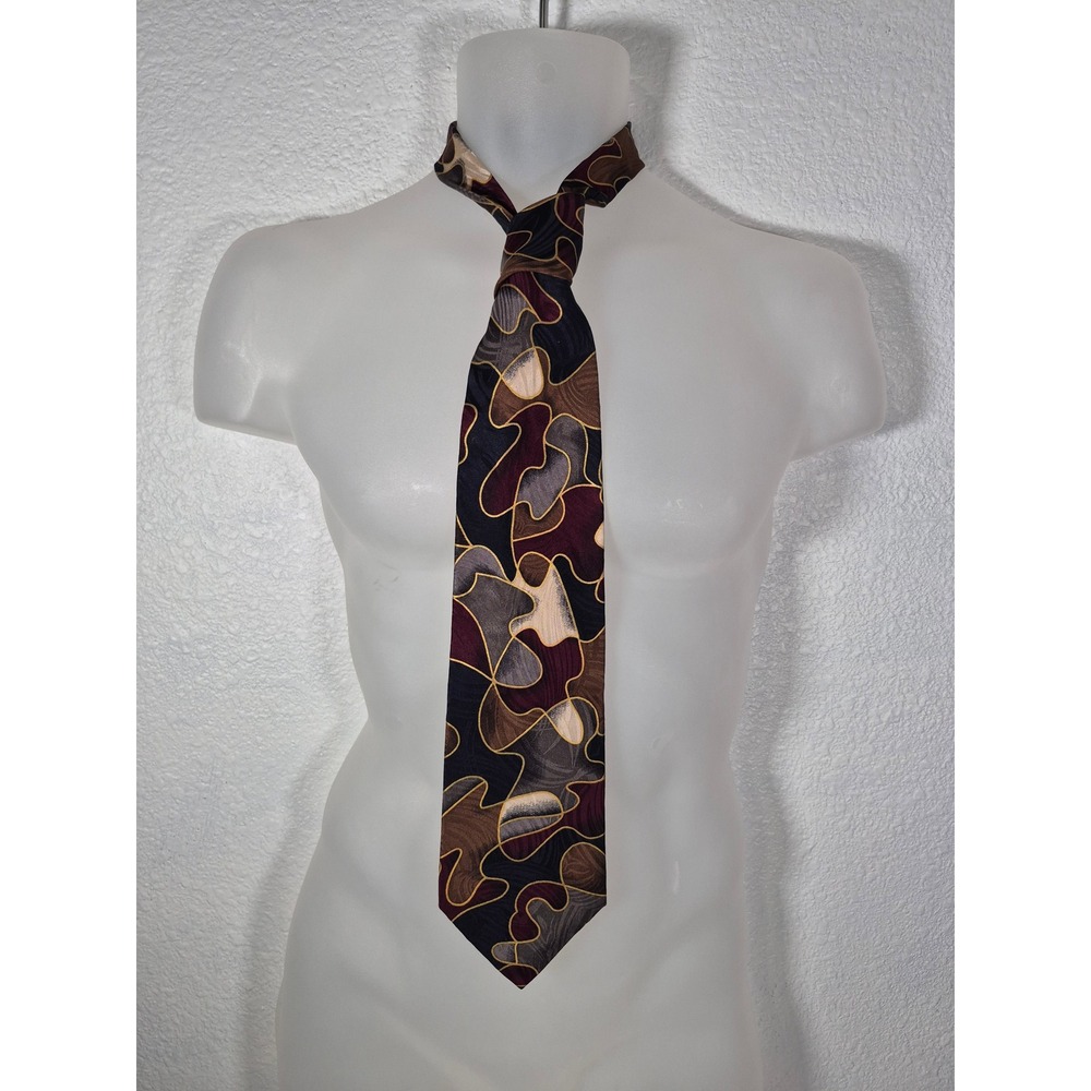 Chez Roffe New York Mens Silk Necktie Abstract Geometric Burgundy Brown Gold USA